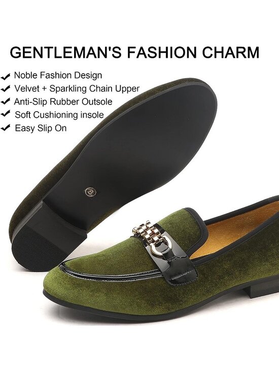 XQWFH Men\'s Army Green Velvet Loafers Gold Chain Buckle Slip On Flats Shoes main image 5